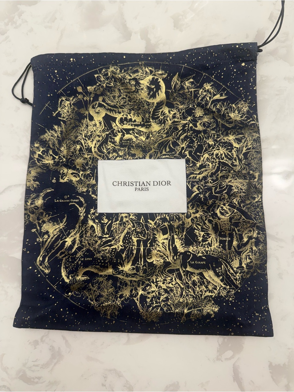 Dior Drawstring Dust Bag — Navy with Gold Print